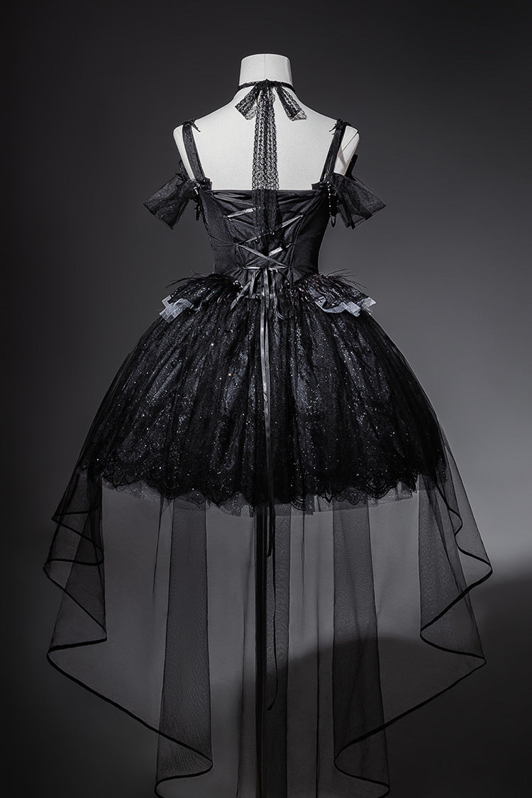 Star Swan Dream Ruffle Embroidery Bow Lace Gothic JSK Dress in Black
