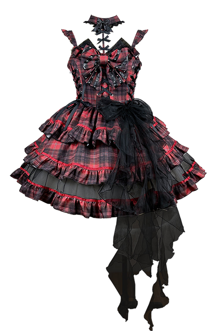 Crimson & Noir Punk Bow Accent Lolita Tiered Mini Dress with Japanese Rock Vibe