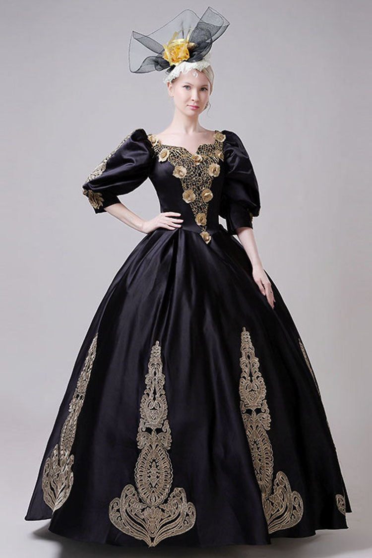 Boat Neck Half Sleeves High-Waist Gold Floral Hollow Print Victorian Lolita Ball Gown