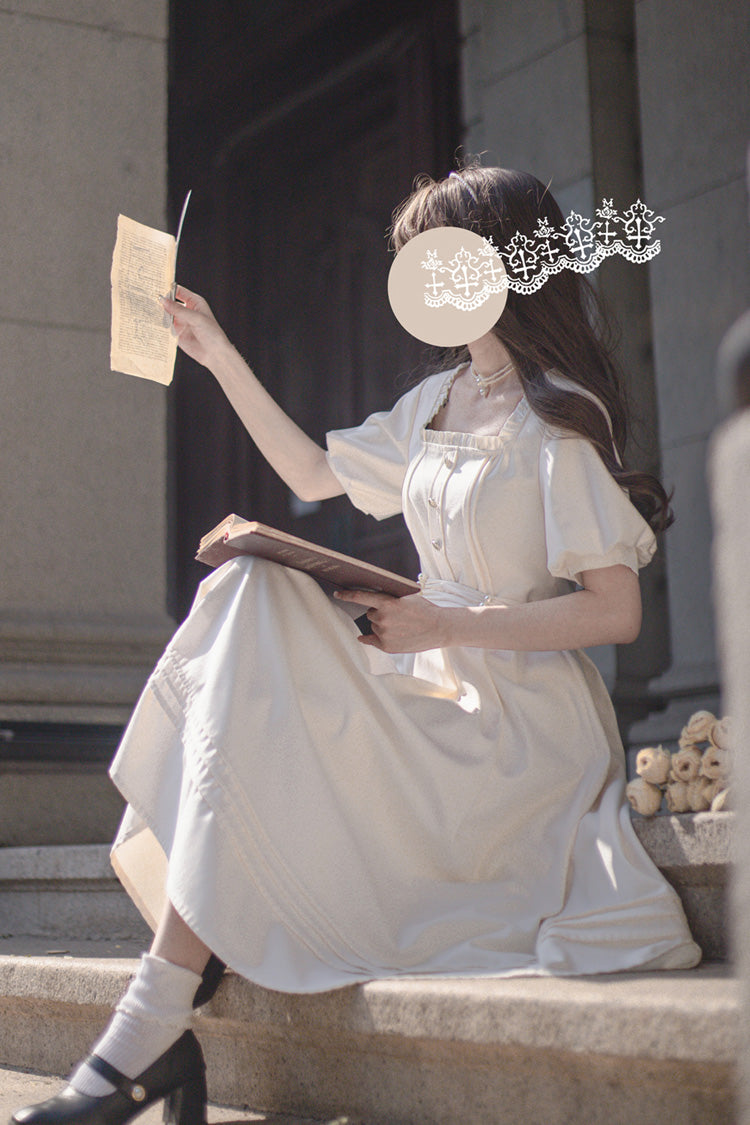 Apricot Classic Vintage Lolita Dress with Square Collar Short Sleeves and Ruffle Trim