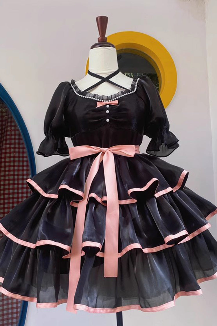 Gothic Short-Sleeve OP Dress with Rose Contrast and Layered Swing Skirt in 3 Variants