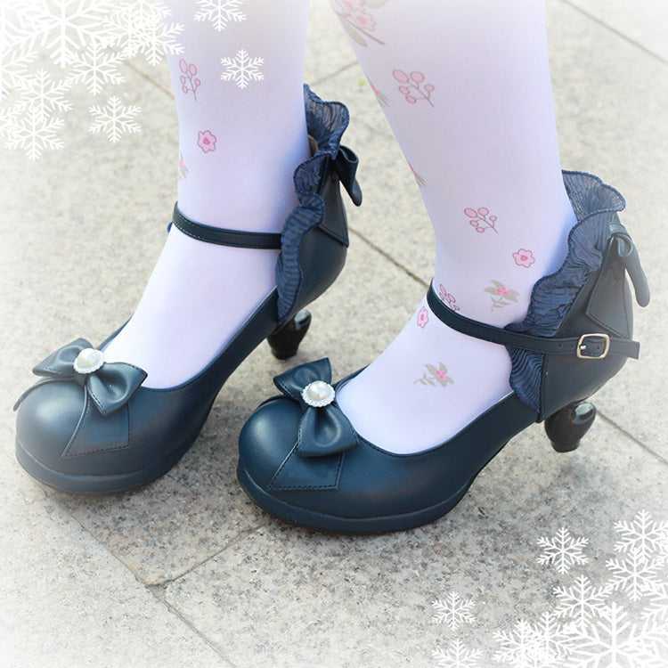 Ribbon-Strap Ruffle PU Girly Lolita Pumps - Multiple Shades