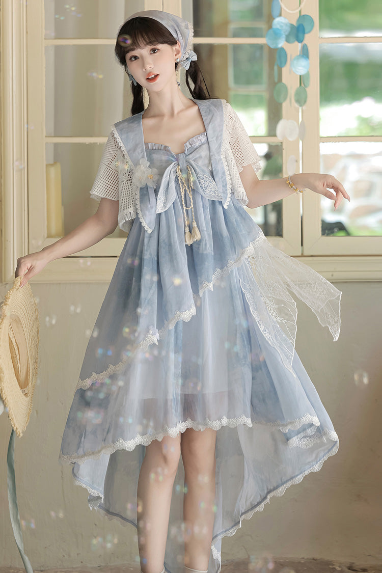 Print Ruffle Embroidery Bow Lace Irregular Lolita Jumper Dress - Blue