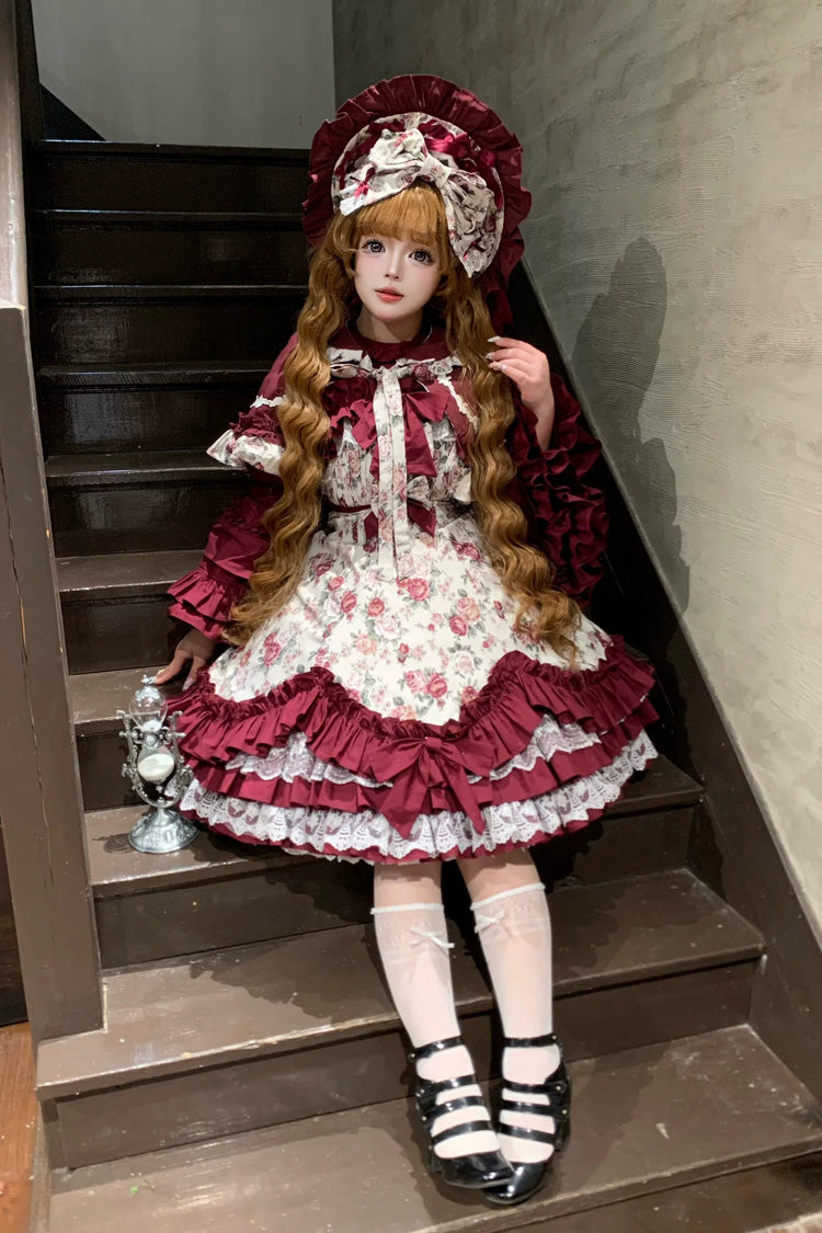 Burgundy Off-Shoulder JSK Dress with Ruffled Lace