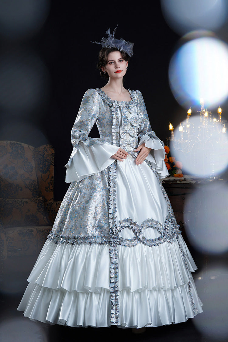 Azure Vintage Trumpet-Sleeve Embroidered Bow-Front Palace Gown