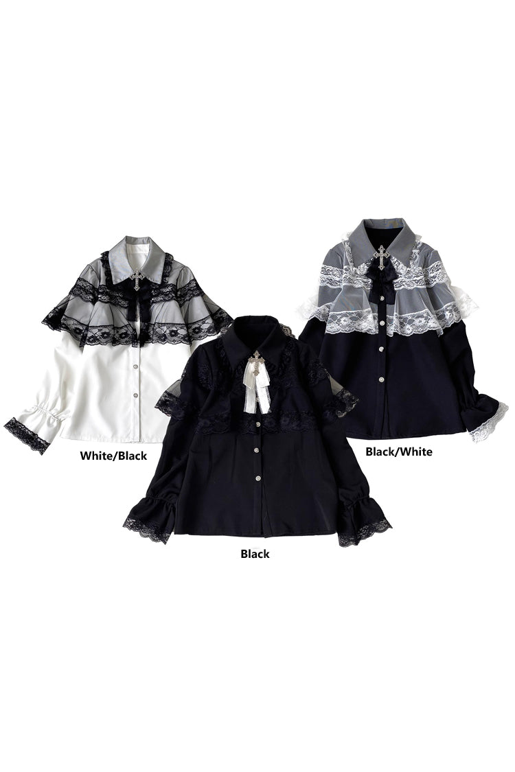 Jirai Kei Blouse with Hollow Lace and Long Sleeves - Mist Veil, 3 Tones