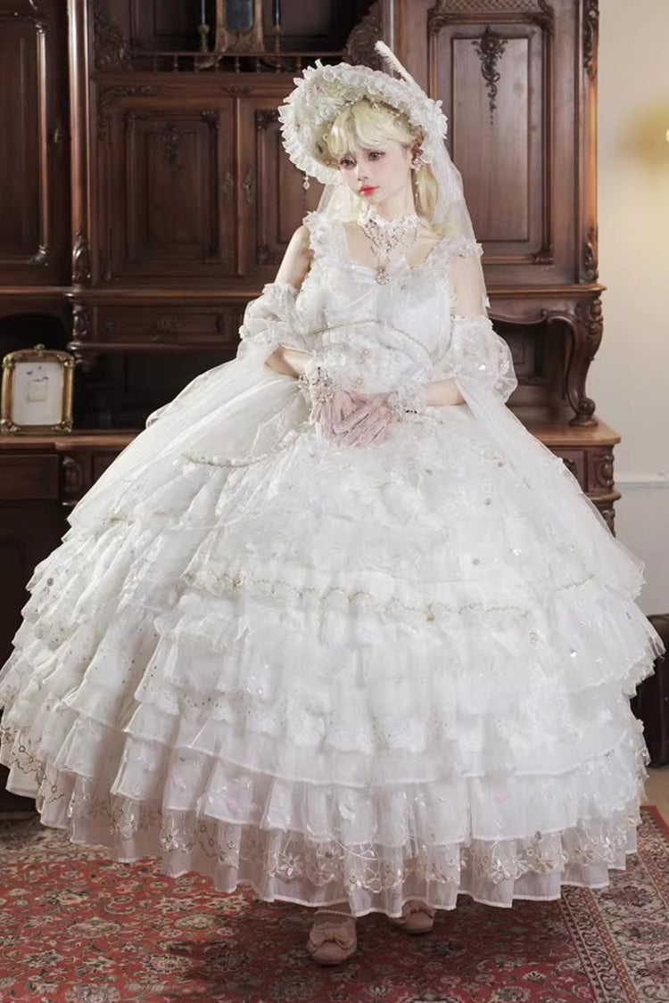 Ivory Chiffon Gown with Layered Ruffles and Bow Accents - Dreamy Waltz