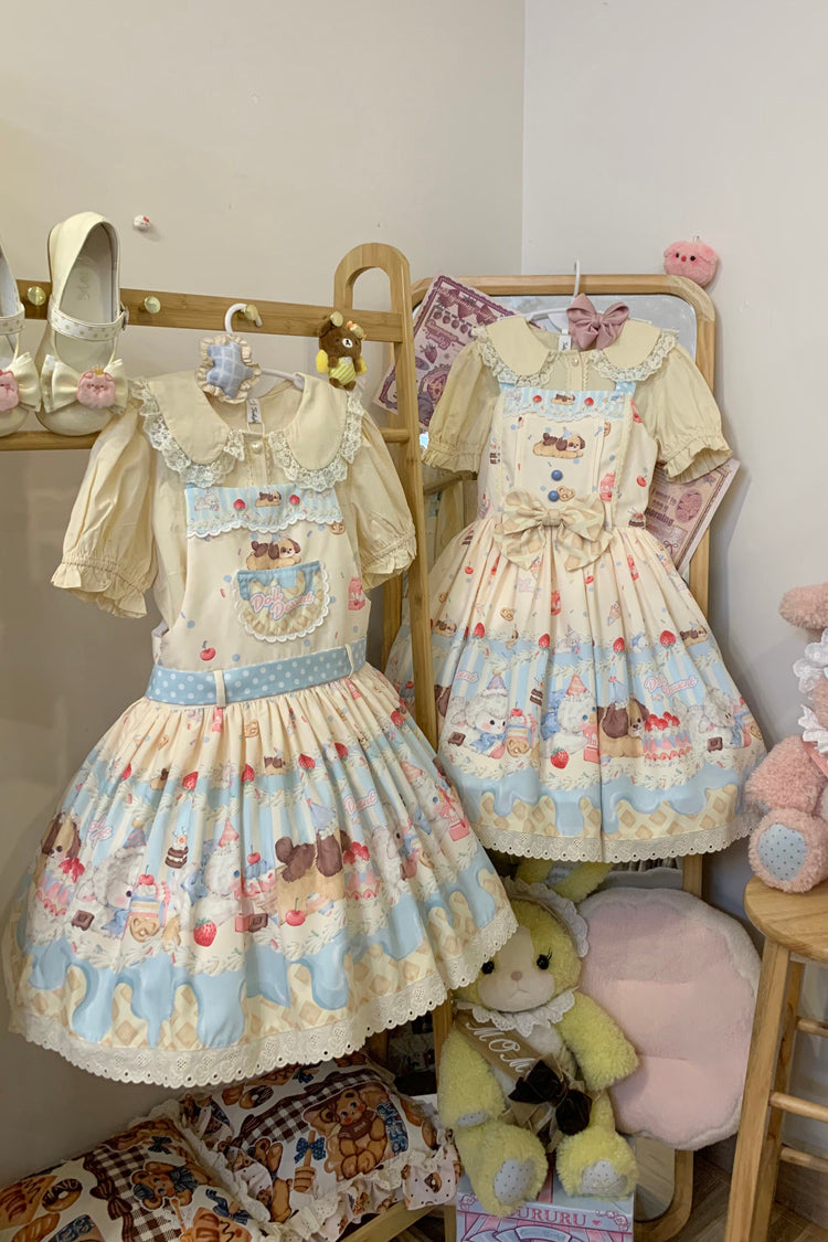 Cream Party Printed Bow Stitching Lace Sweet Lolita JSK Dress