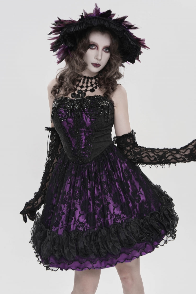 Off Shoulder Double-Layered Printed Cut-Out Lace Lace-Up Gothic Jsk Dress
