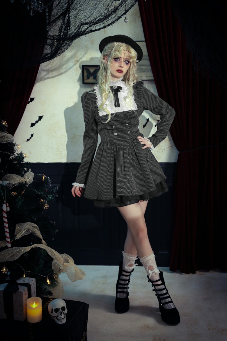 Black/White Striped Lace-Up Gothic Dress with Bow