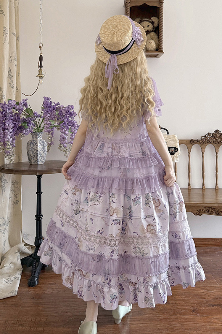 Violet Pea Squirrel Sleeveless Pastoral Print Ruffled Embroidered Lace JSK