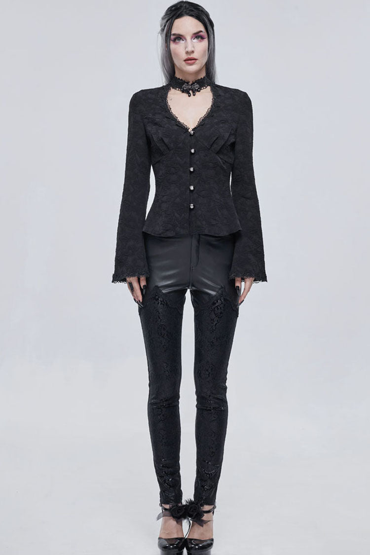 Gothic Shirt with V-Neck, Metal Buttons, Lace Jacquard, Frenulum Sleeves
