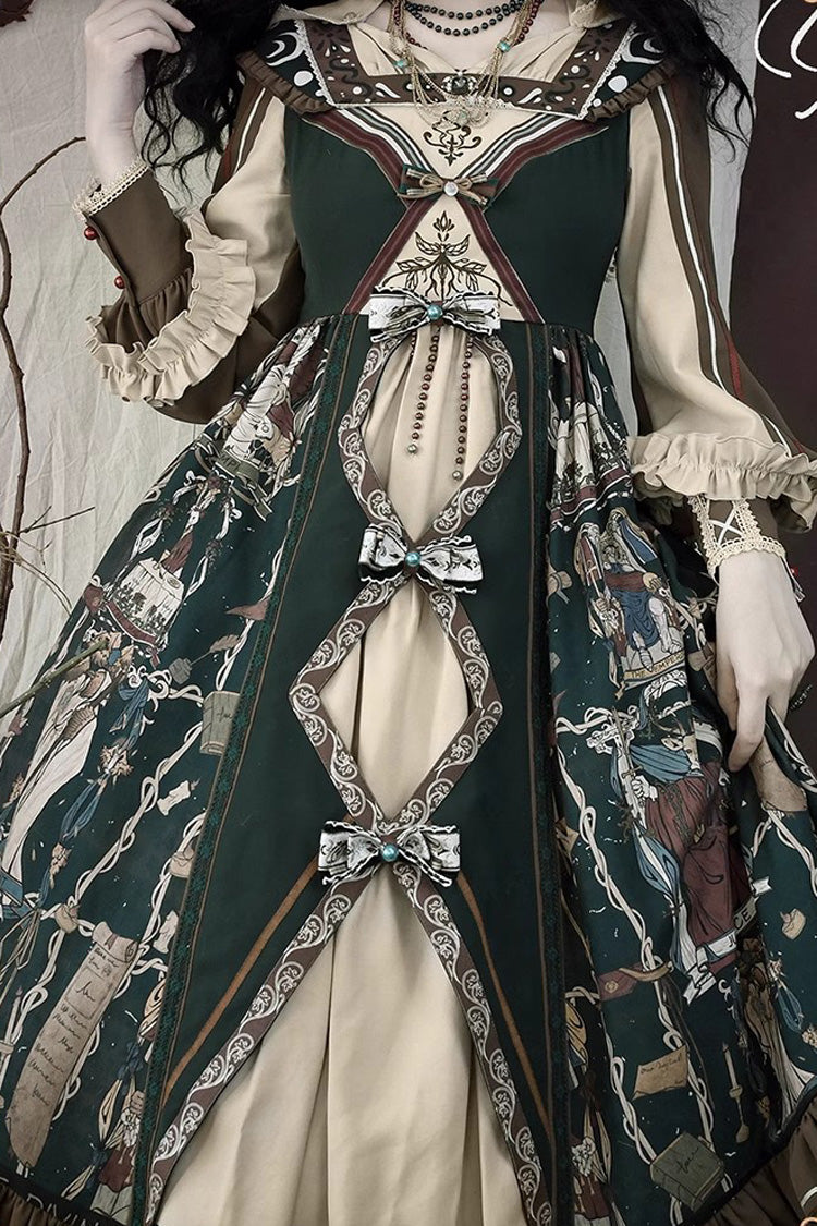 Tarot Print Puff-Sleeved Lolita Dress with Ruffles & Bow