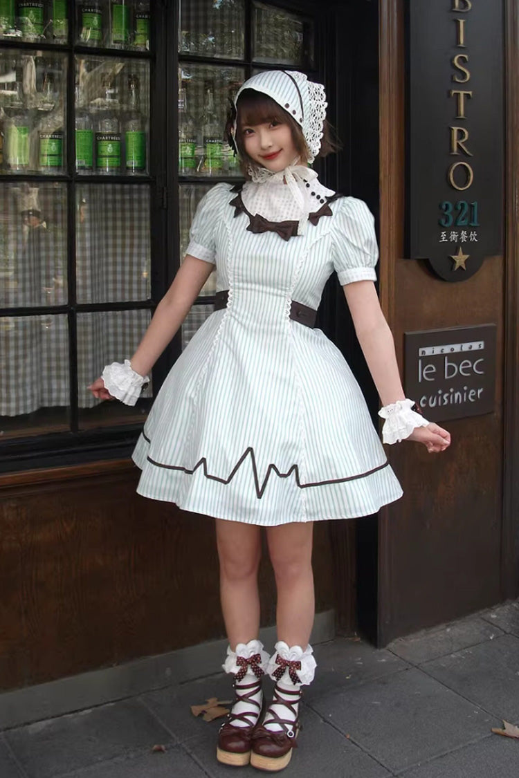 Green Striped Bow Nurse Lolita Stand-Collar