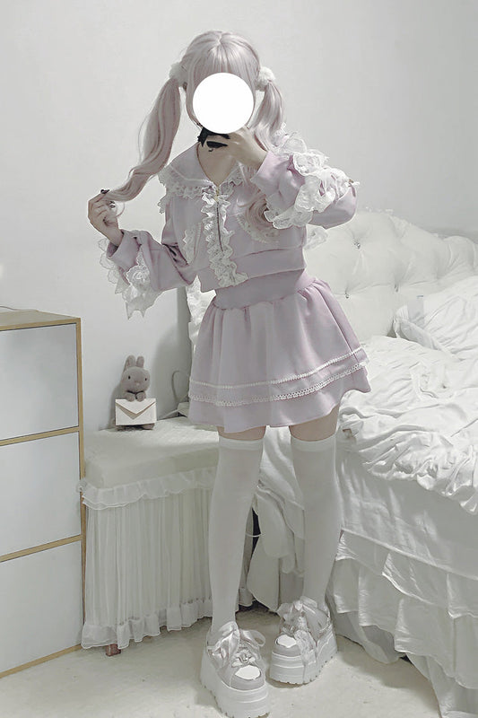 Heartbeat Rhythm Hooded Lace Long-Sleeve Jirai Kei Skirt Set - Pink