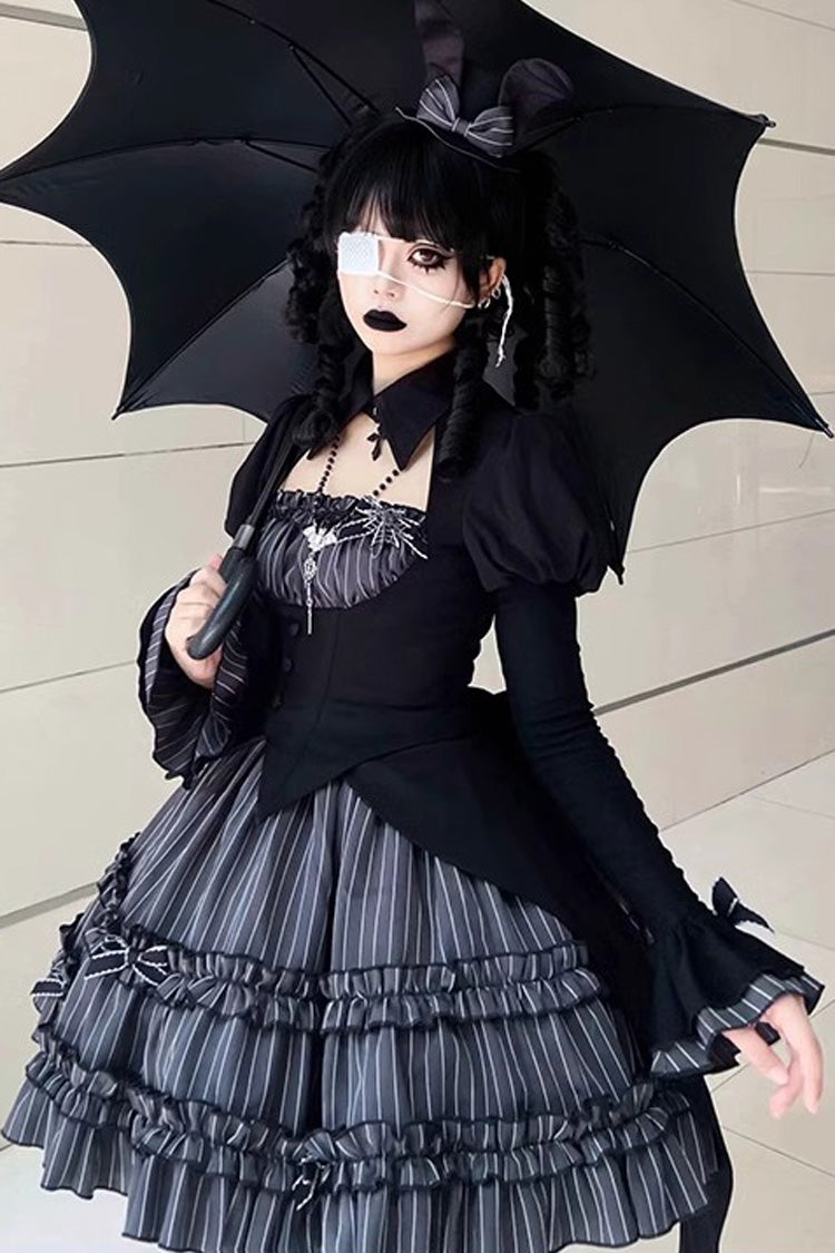 Charcoal Striped Long-Sleeve Ruffled Lace Dress - Duke of the Trap Rabbit