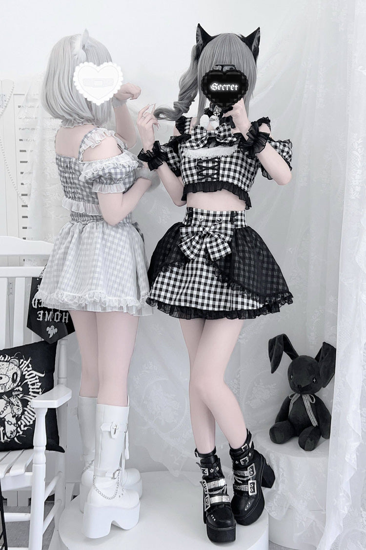 Jirai Kei Skirt Set with Plaid Print and Lace-Up Front - Night Rabbit Dream, Short Sleeves
