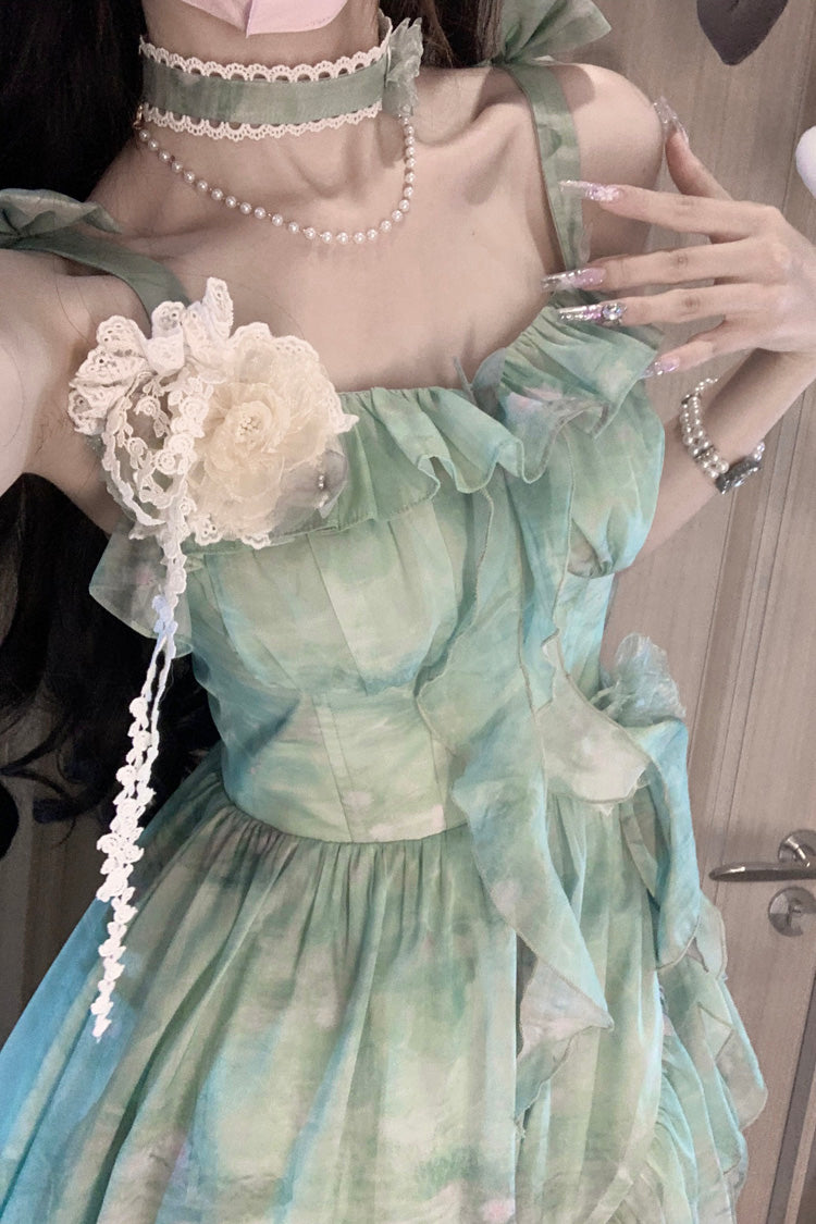 Green Sweet Lolita JSK Long Dress with Print and Ruffle Bowknot Style