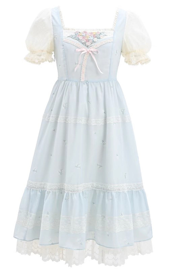 Azure Embroidered Sweet Princess Dress with Lace and Bows