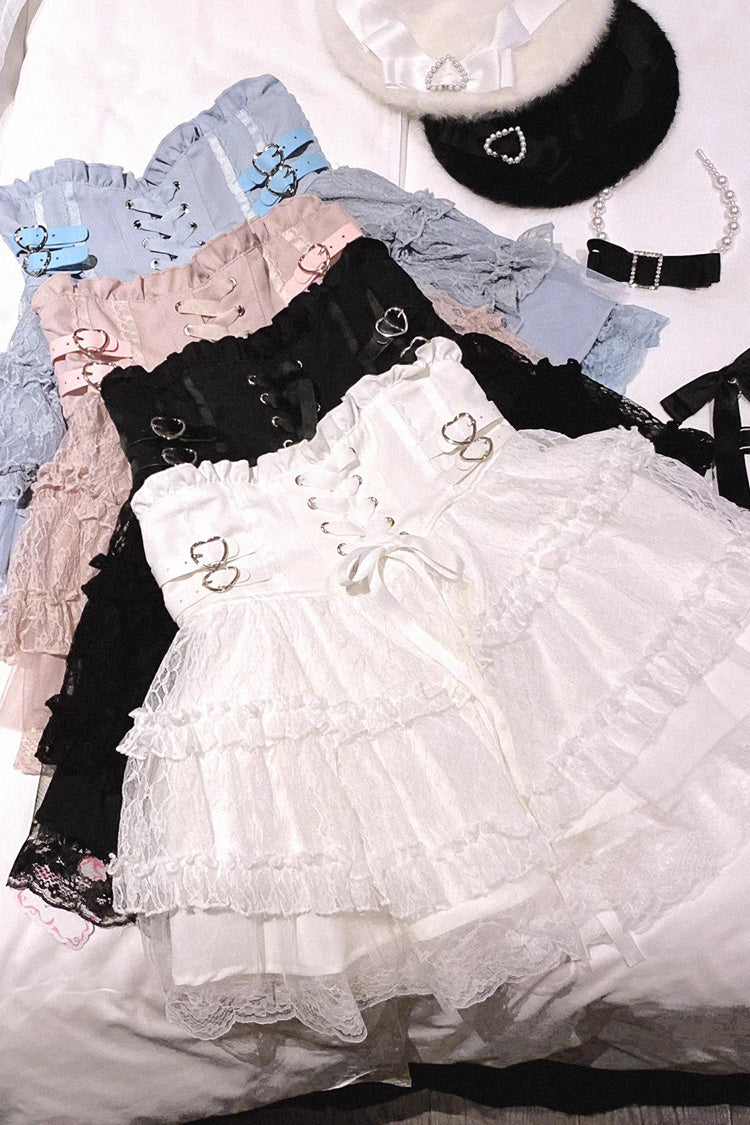 Rose Palpitations High Waisted Sweet Jirai Kei Skirt with Lace