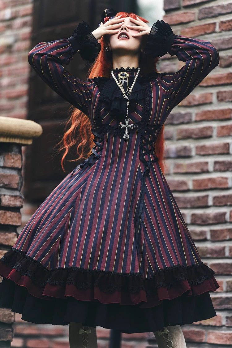 Point Manor Stand Collar Long Sleeves Multi Layer Striped Printed Ruffle Gothic Lolita Dress