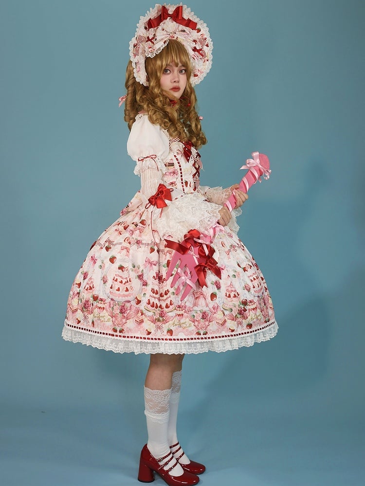 and Sweet Full Bow Desserts Lolita Set Print White / JSK Accents Strawberry