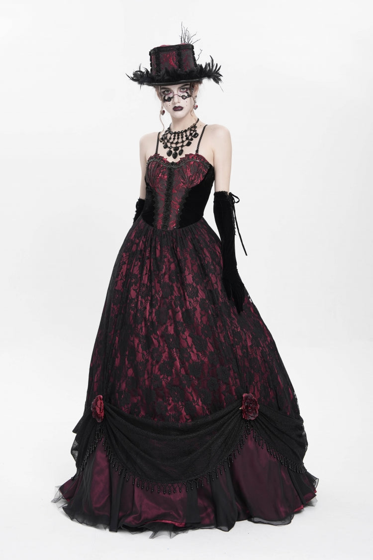 Scarlet Beaded Floral Embroidered Gothic Long Slip Dress