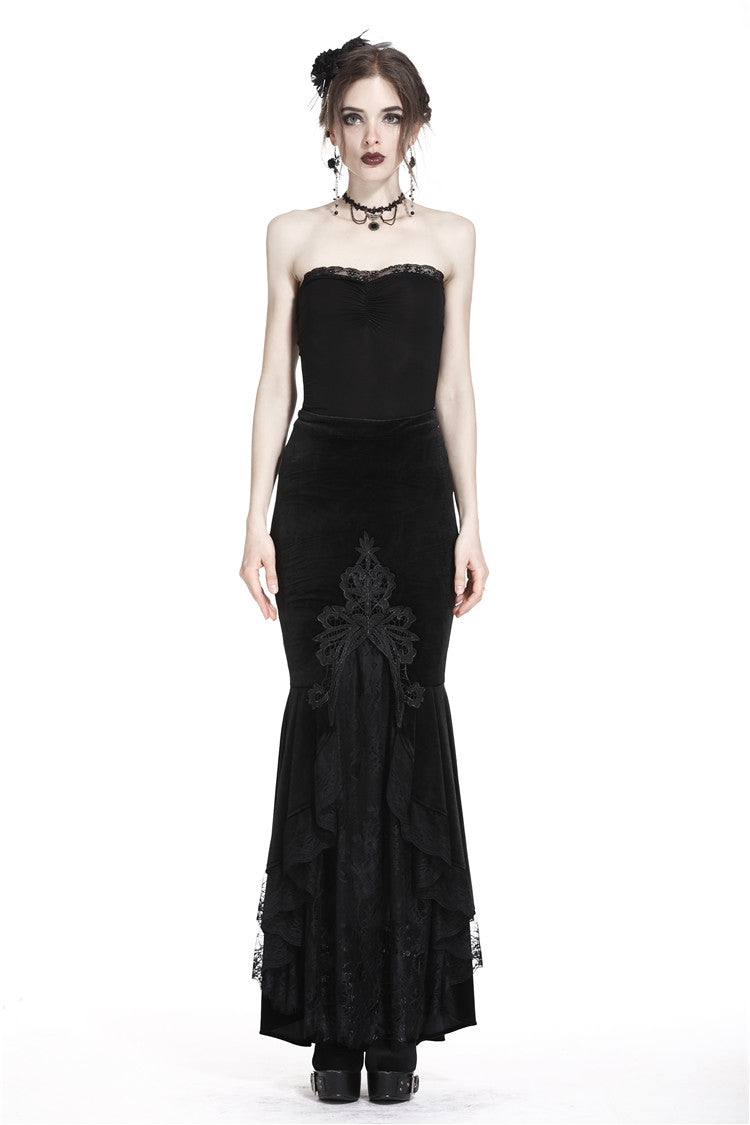 Sable Velour Lace-Trim Gothic Mermaid Skirt