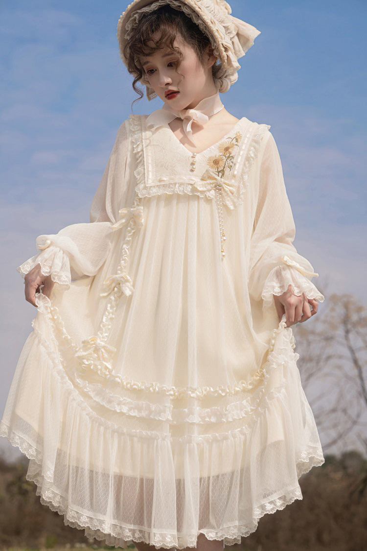 Ivory Sweet Princess Lolita Dress with Lace Embroidery Ruffled Bowknot - Sunflower Diary