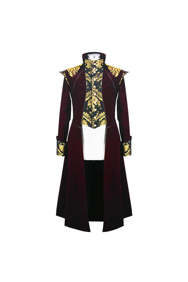 Crimson & Noir Faded Gold Button Fleece Longline Gothic Jacket for Men
