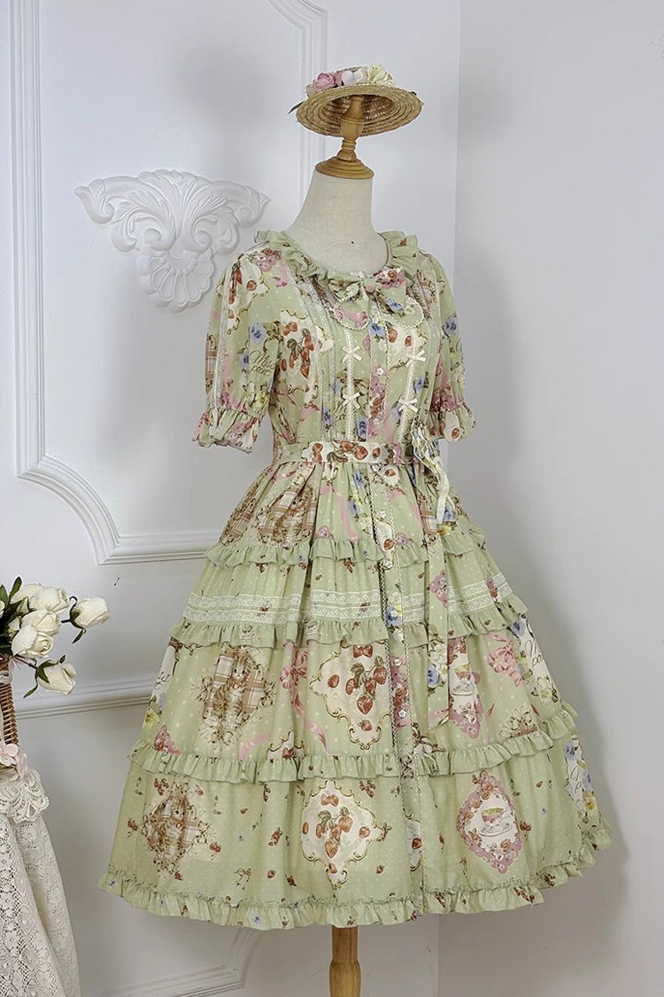 Green Short Sleeve Print Ruffle Cardigan Daily Sweet Dress