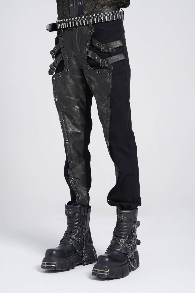 Faux Leather Stitching Buckle Pants - Punk