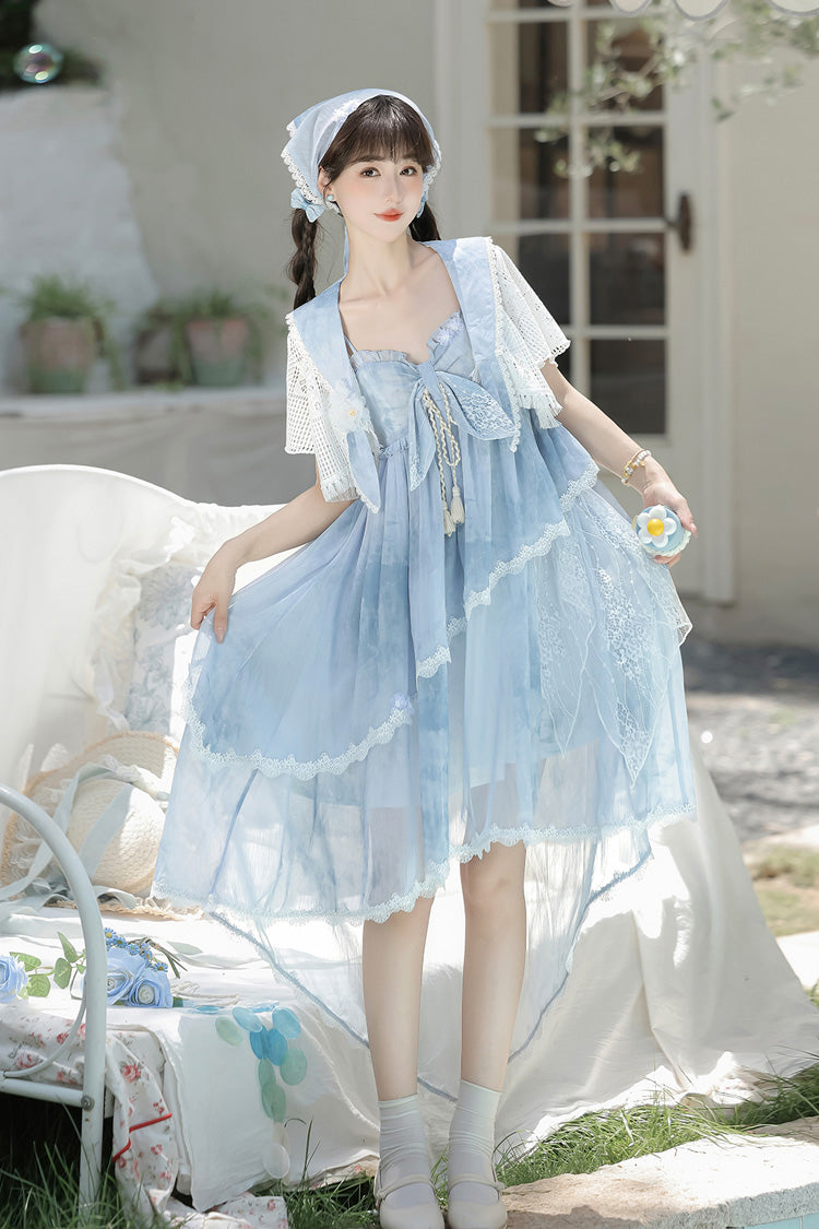 Print Ruffle Embroidery Bow Lace Irregular Lolita Jumper Dress - Blue