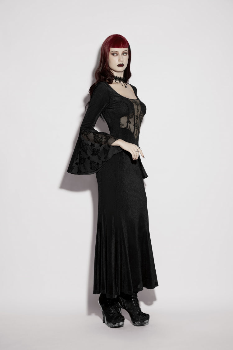Black Round Collar Long Trumpet Sleeve Spliced Lace Lace-Up Mesh Eyelet Gothic Dress