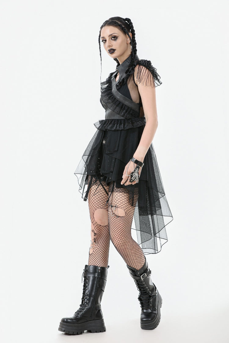 Layered Ruffled Sheer Mesh Punk Dress with V-Neck