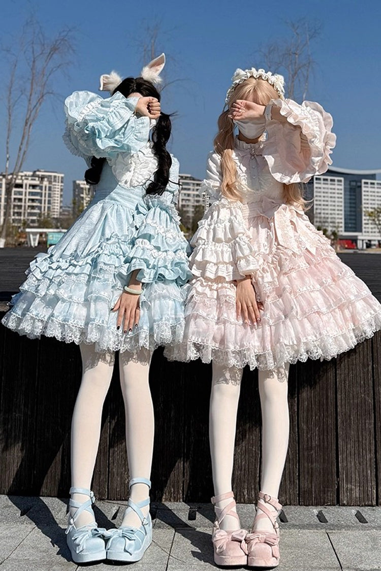 Blue Soloist Doll Long Hime Sleeve Multi-Layer Print Ruffle Bow Asymmetrical Sweet Lolita
