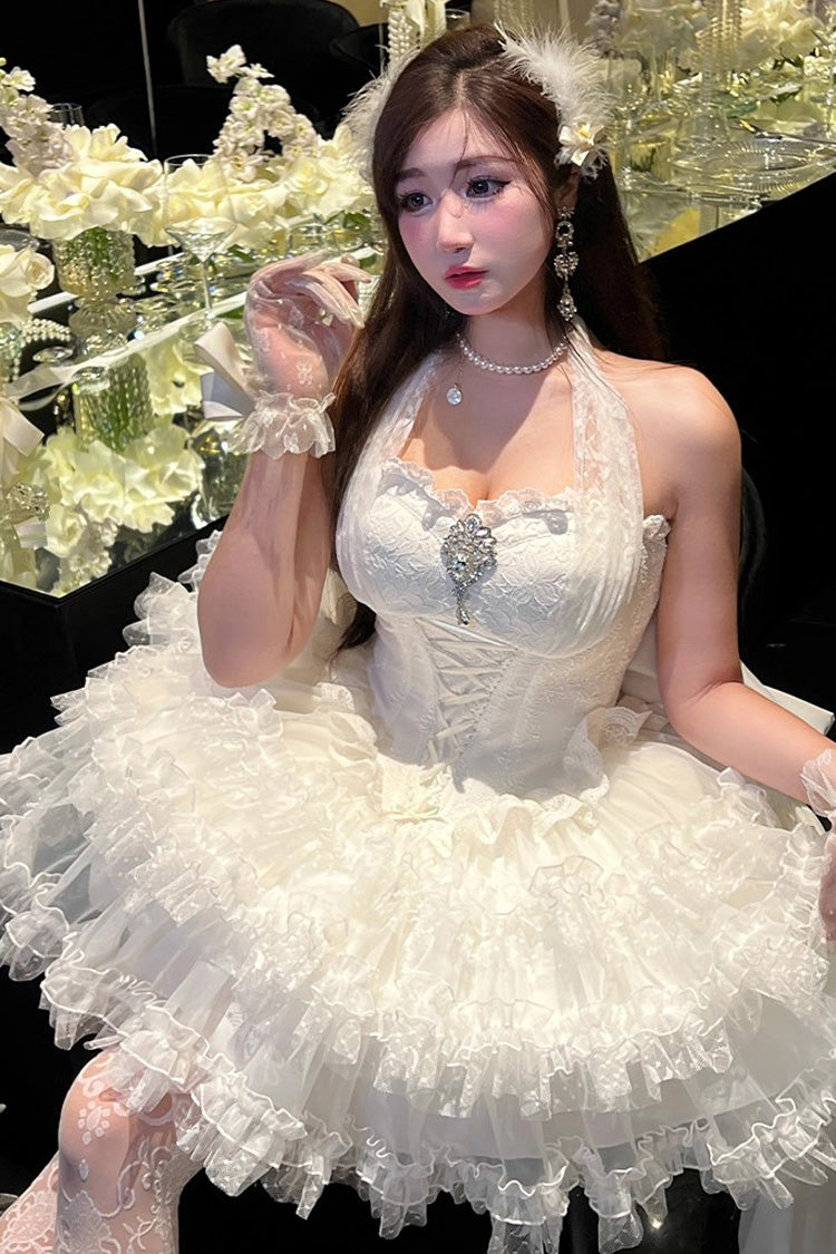 Ivory Princess Dress with Halter Neck and Triple Ruffle Trim - Dream
