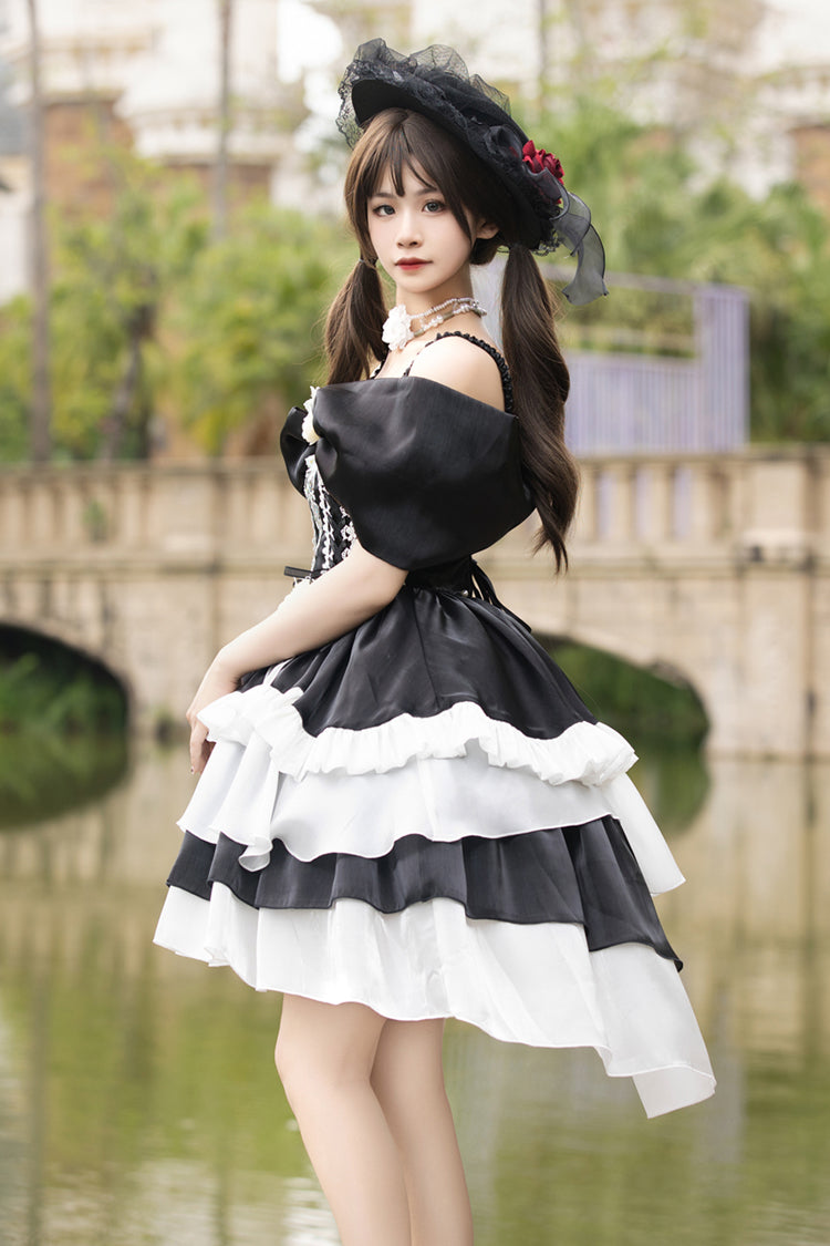 Starry Night Sea Rose Off-Shoulder Multi-Layered Ruffle Embroidered Lolita
