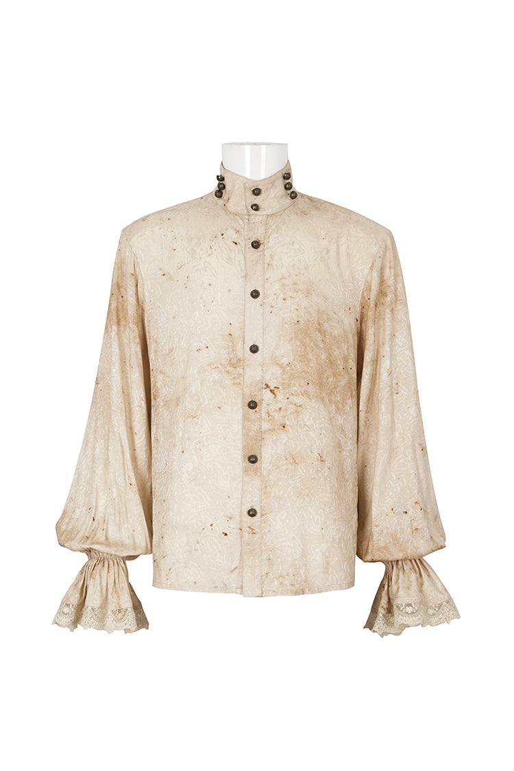 Gothic Apricot Stand Collar Puff Sleeve Men's Shirt with Necktie