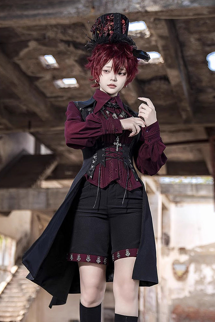 Scarlet Lapel Embroidered Slim Gothic Vintage Prince Ouji Shirt