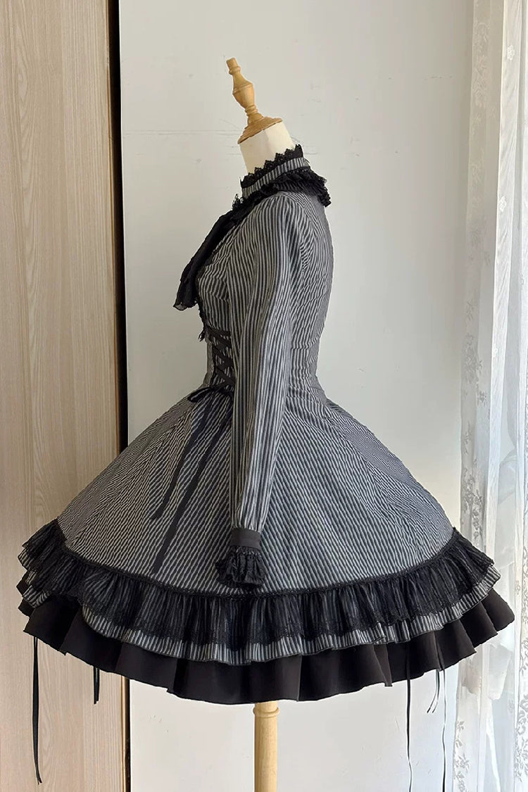 Point Manor Stand Collar Long Sleeves Multi-Layered Striped Printed Ruffled Lifted Hem Bow Gothic Lolita Dress - Black
