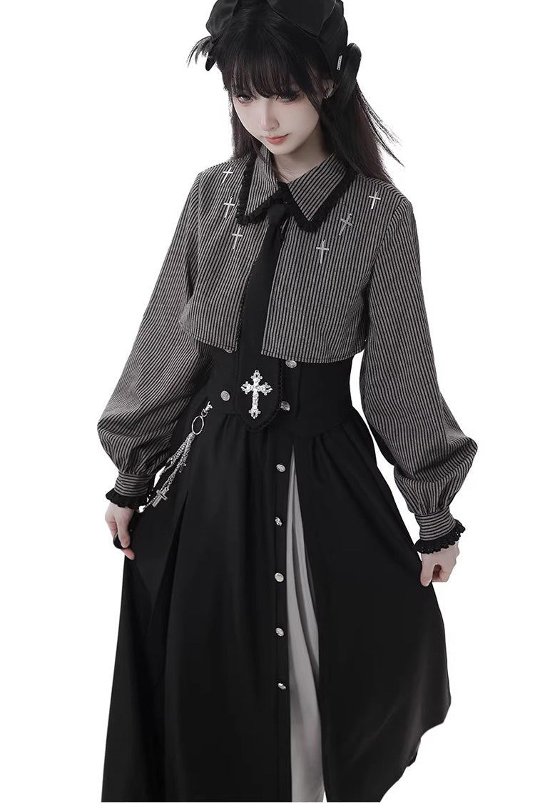 Hymn of the Cross Gothic Ruffled Asymmetric Chain Skirt Set - Black
