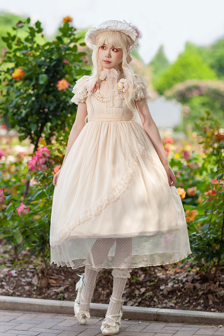 Apricot Elegant Lolita Dress with Polka Dot Print Ruffles Bowknot and Asymmetric Sweet Style