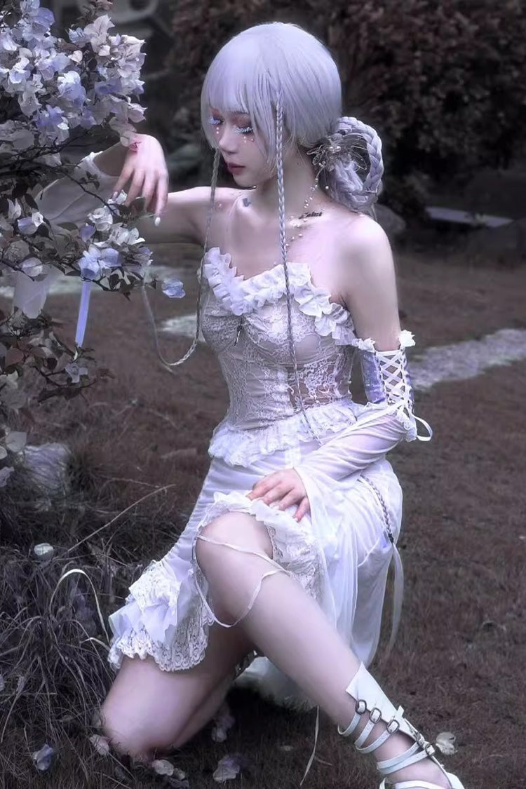 Ivory Drawstring Pleated Gothic JSK Dress with Embroidery - Redemption of the Deity