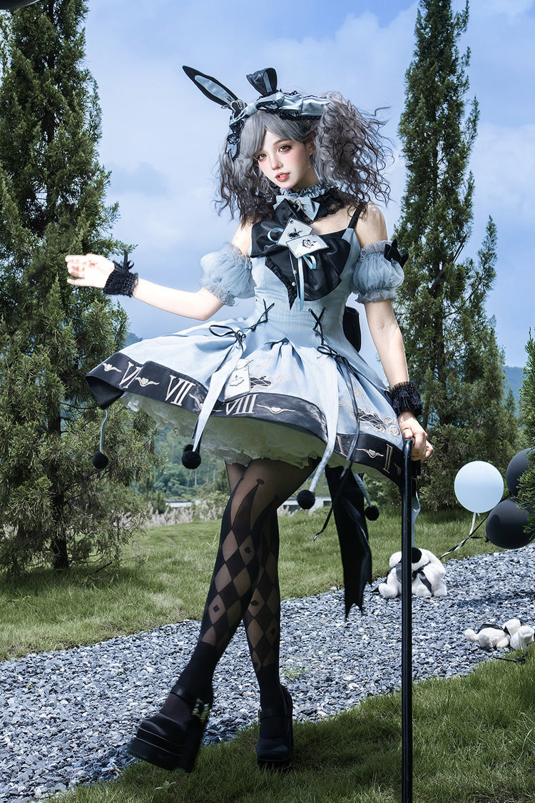 Blue Embroidered Lace-Up JSK Dress with Bow Detail