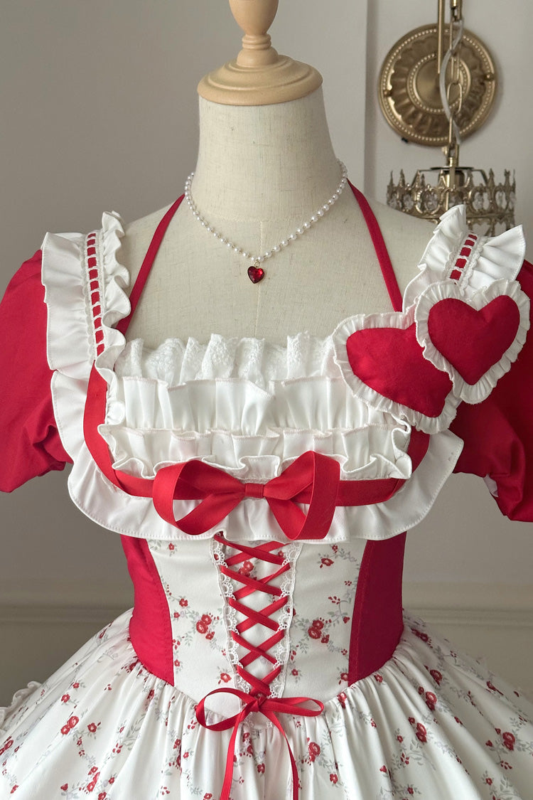Red Double-Layered Floral Print Ruffled Bowknot Sweet Dress