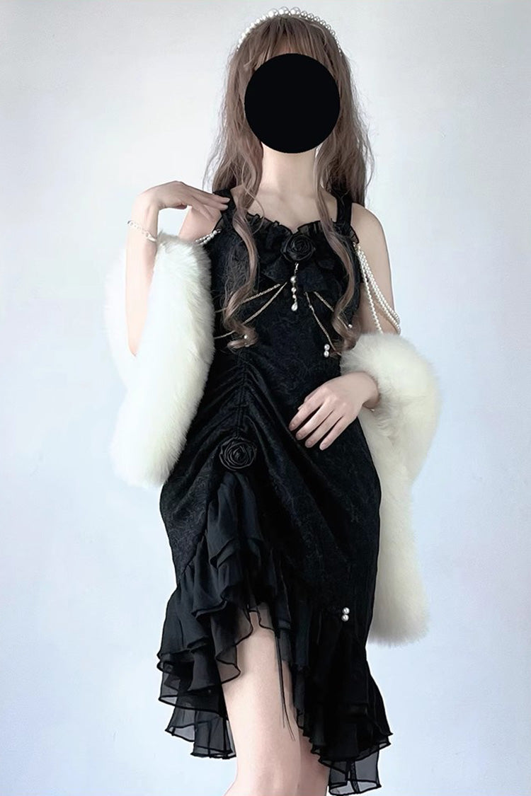 Asymmetric Jacquard Lace Fishtail JSK in Black