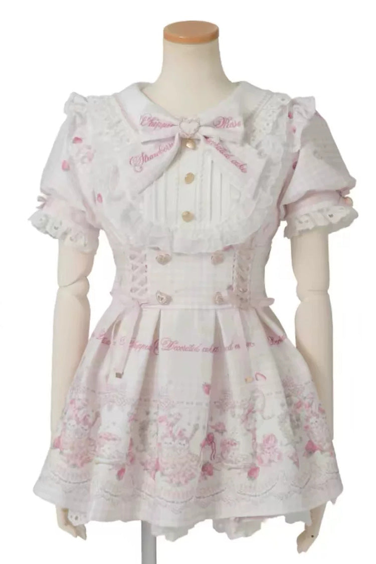 Lapel Collar Short Sleeve Printed Bow Jirai Kei Dress