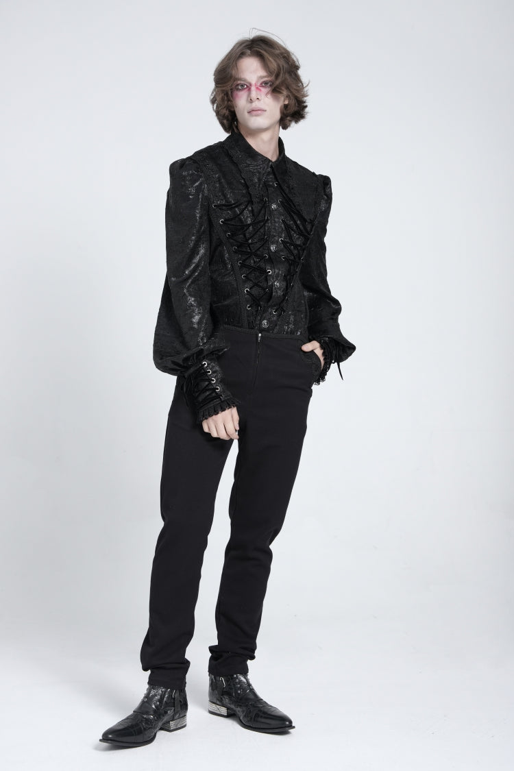 Jet-Black Gothic Blouse with Puffed Sleeves and Jacquard Lace for Men