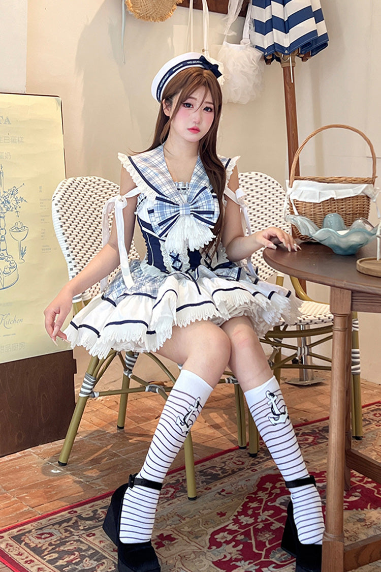 Blue/White Sailing Love Navy Collar Sleeveless Plaid Print Ruffle Ribbon Girly Lolita Dress
